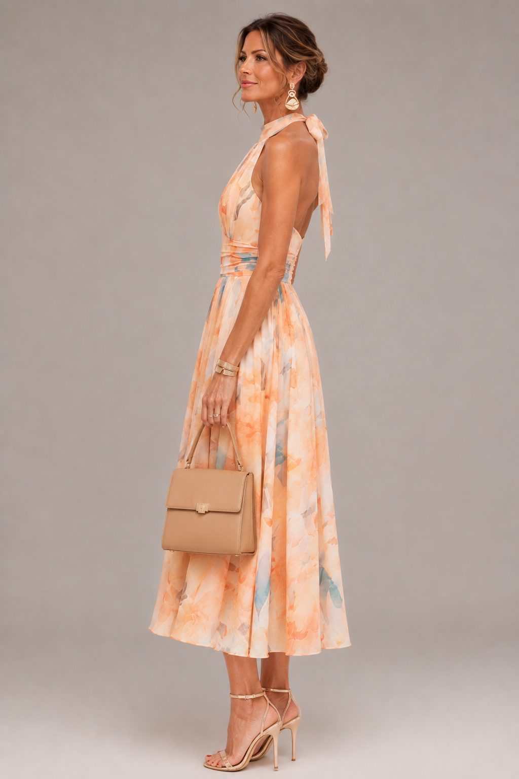 Aurore | Maxi Dress with American Neckline and Watercolour Print