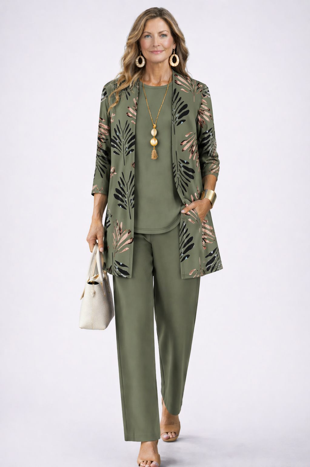 Women's Three-Piece Set with Patterned Open-Front Cardigan - image 1