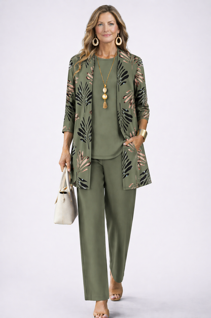 Women's Three-Piece Set with Patterned Open-Front Cardigan - image 1