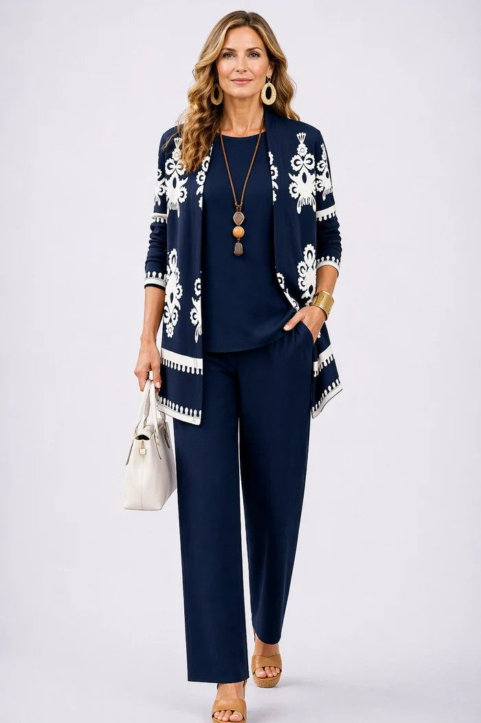 Women's Three-Piece Set with Patterned Open-Front Cardigan - image 7