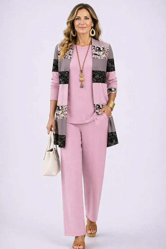 Women's Three-Piece Set with Patterned Open-Front Cardigan - image 5