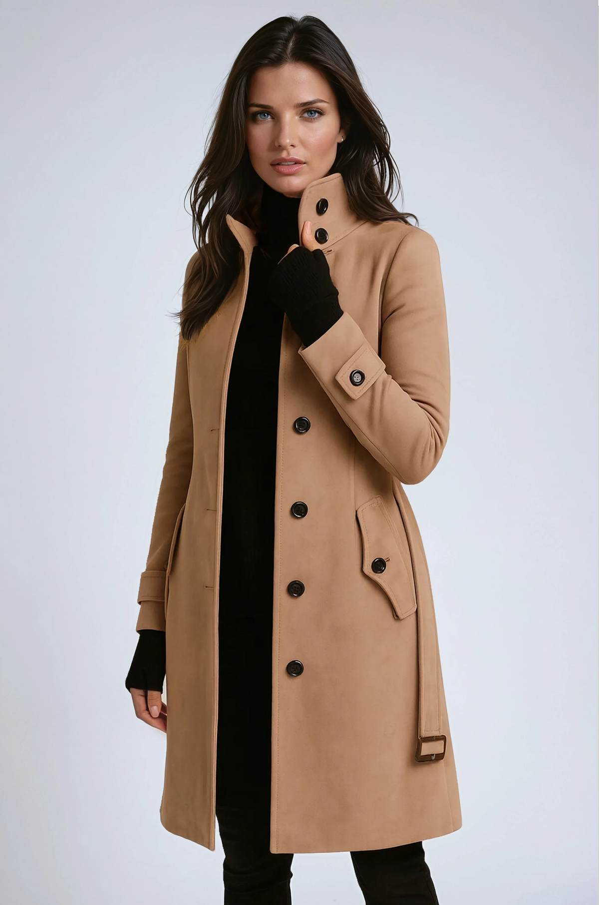 Women's Long Trench Coat with High Collar - image 4