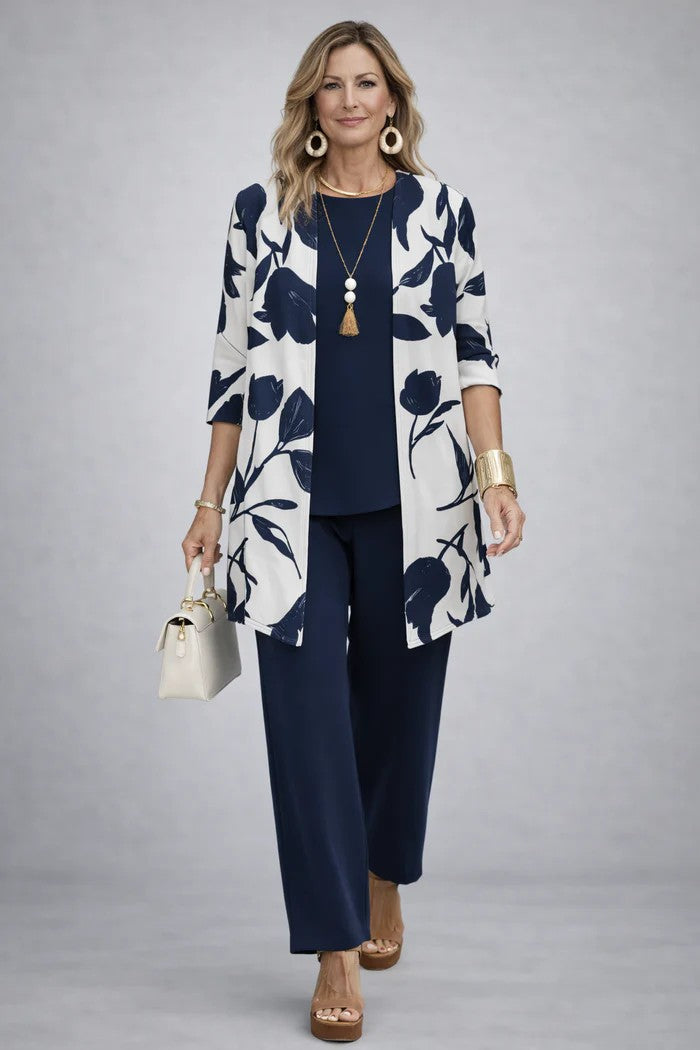 Women's Three-Piece Set with Patterned Open-Front Cardigan - image 8
