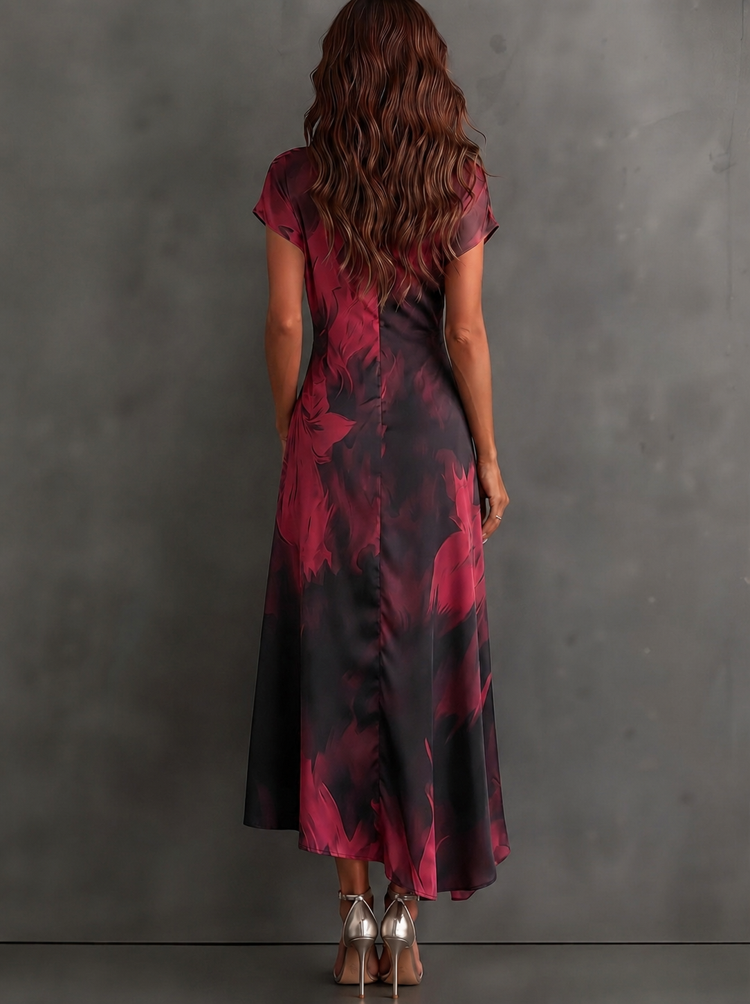 Rosanna | Midi dress with abstract print, V-neck, short sleeves, belt and asymmetric hem with frill.