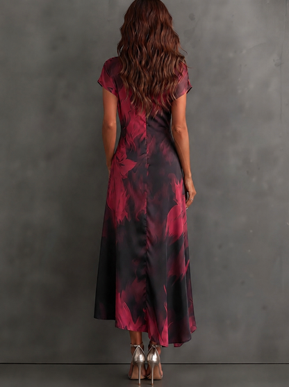 Rosanna | Midi dress with abstract print, V-neck, short sleeves, belt and asymmetric hem with frill.