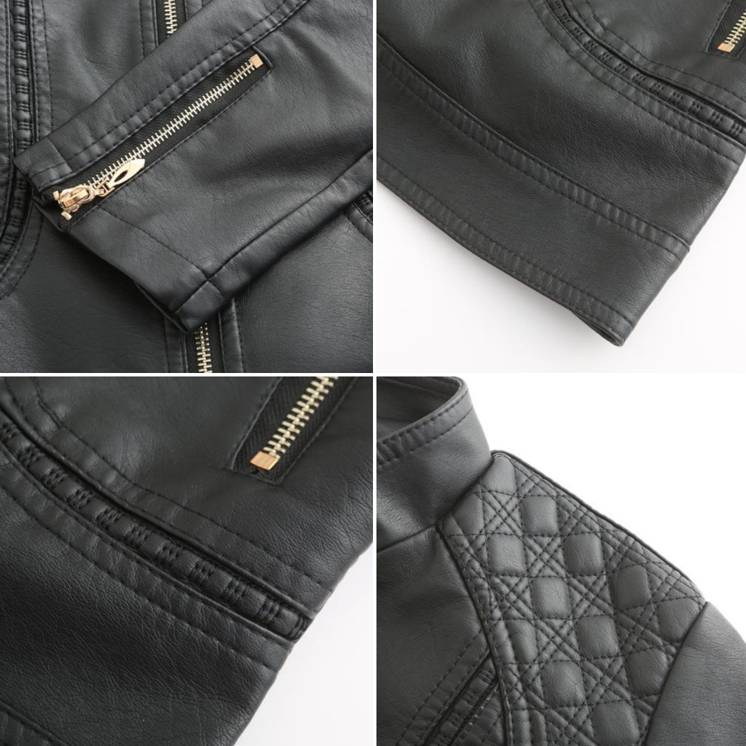 Women's Leather Look Zip Jacket with Buttoned Stand Collar and Zipped Pockets - image 7