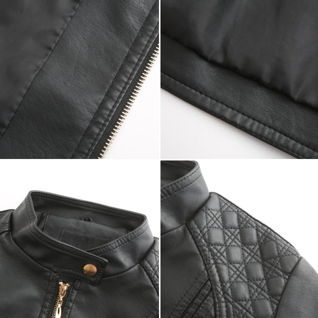 Women's Leather Look Zip Jacket with Buttoned Stand Collar and Zipped Pockets - image 8