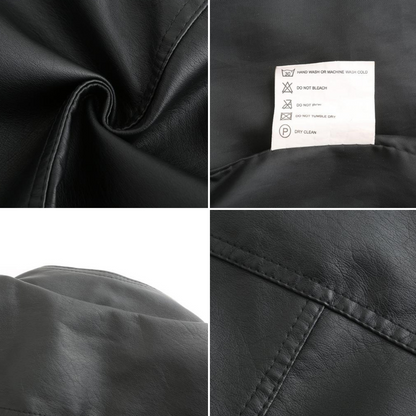 Women's Leather Look Zip Jacket with Buttoned Stand Collar and Zipped Pockets - image 9