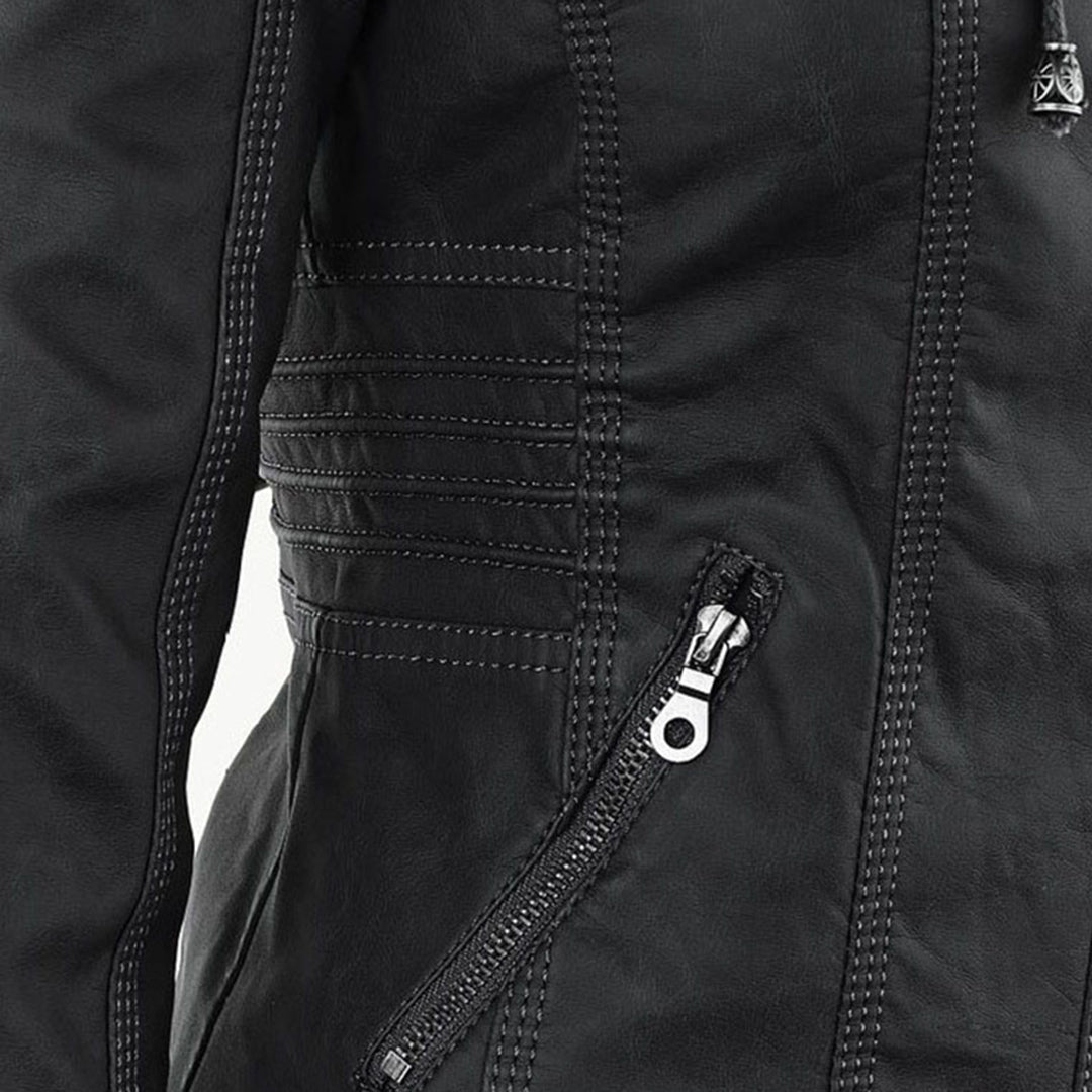 Women's Leather Look Hooded Jacket - fastening detail