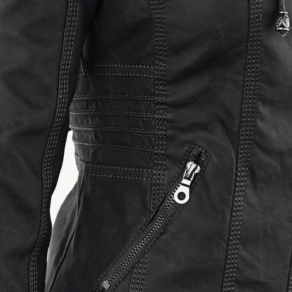 Women's Leather Look Hooded Jacket - fastening detail