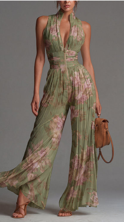 ESSENTIAL – Pleated Floral Chiffon Jumpsuit