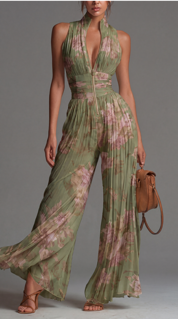 ESSENTIAL – Pleated Floral Chiffon Jumpsuit