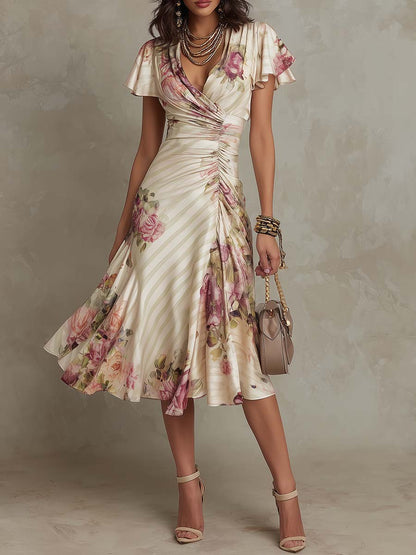 Camellia | Elegant Floral Ruched Wrap Midi Dress