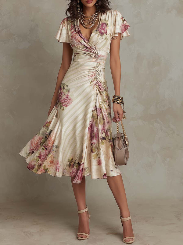 Camellia | Elegant Floral Ruched Wrap Midi Dress
