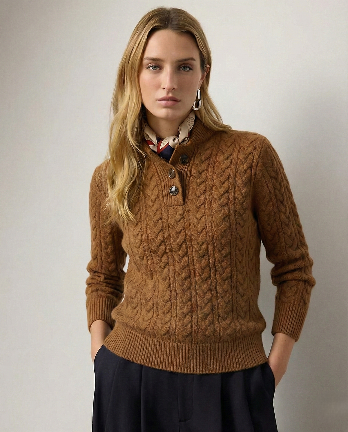 Women's Cable Knit Jumper with Button-Up Stand Collar - image 1