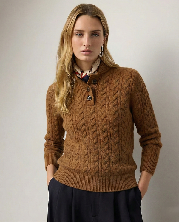 Women's Cable Knit Jumper with Button-Up Stand Collar - image 1