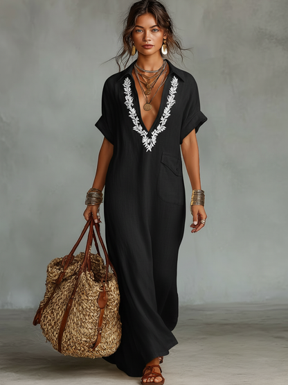 Women's Minimalist Linen Blend Embroidered Short-sleeved Shirt Maxi Dress MDZ0600A1Y