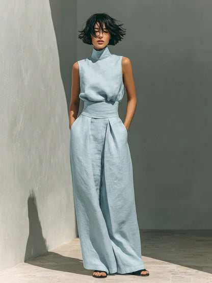Flor™ | Minimalist two-piece set of tank top and wide-leg trousers in cotton and linen for women