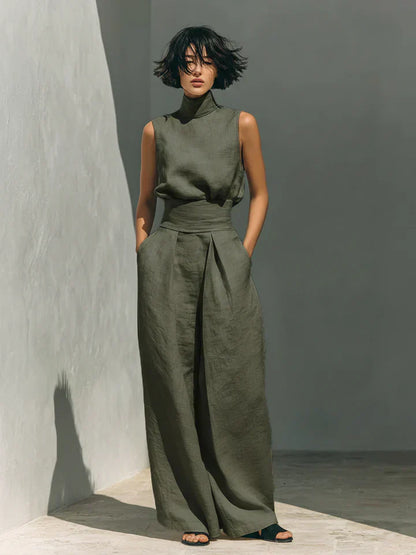 Flor™ | Minimalist two-piece set of tank top and wide-leg trousers in cotton and linen for women