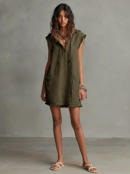 Women's Minimalist Linen-Blend Mini Dress — Hooded, Sleeveless, Raw Hem MDZ2961D3Y