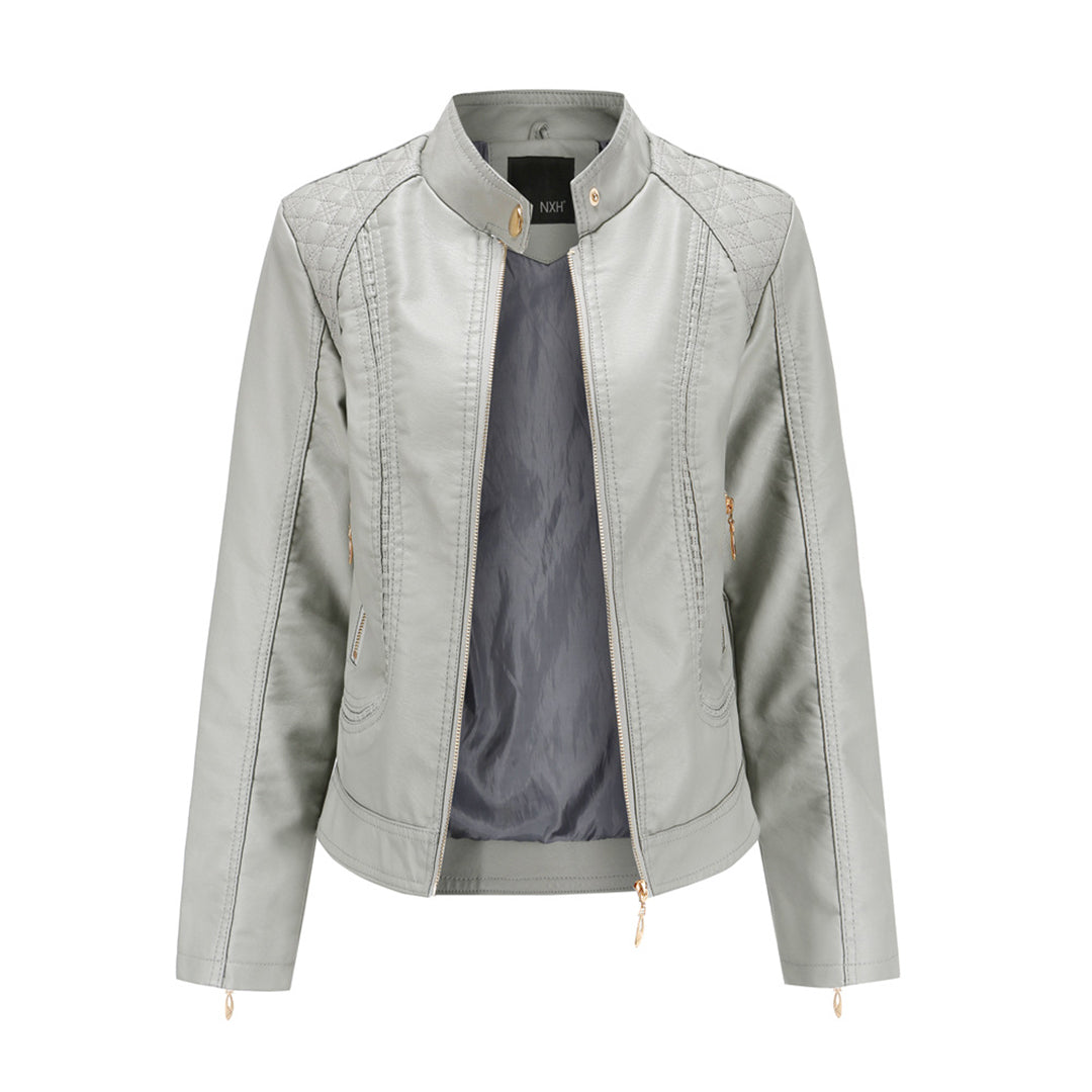 Women's Leather Look Zip Jacket with Buttoned Stand Collar and Zipped Pockets - image 5