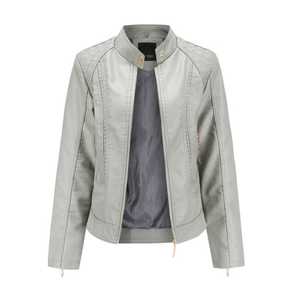 Women's Leather Look Zip Jacket with Buttoned Stand Collar and Zipped Pockets - image 5