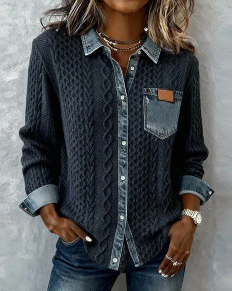 Women's Knit Jumper with Denim Look Collar - image 1