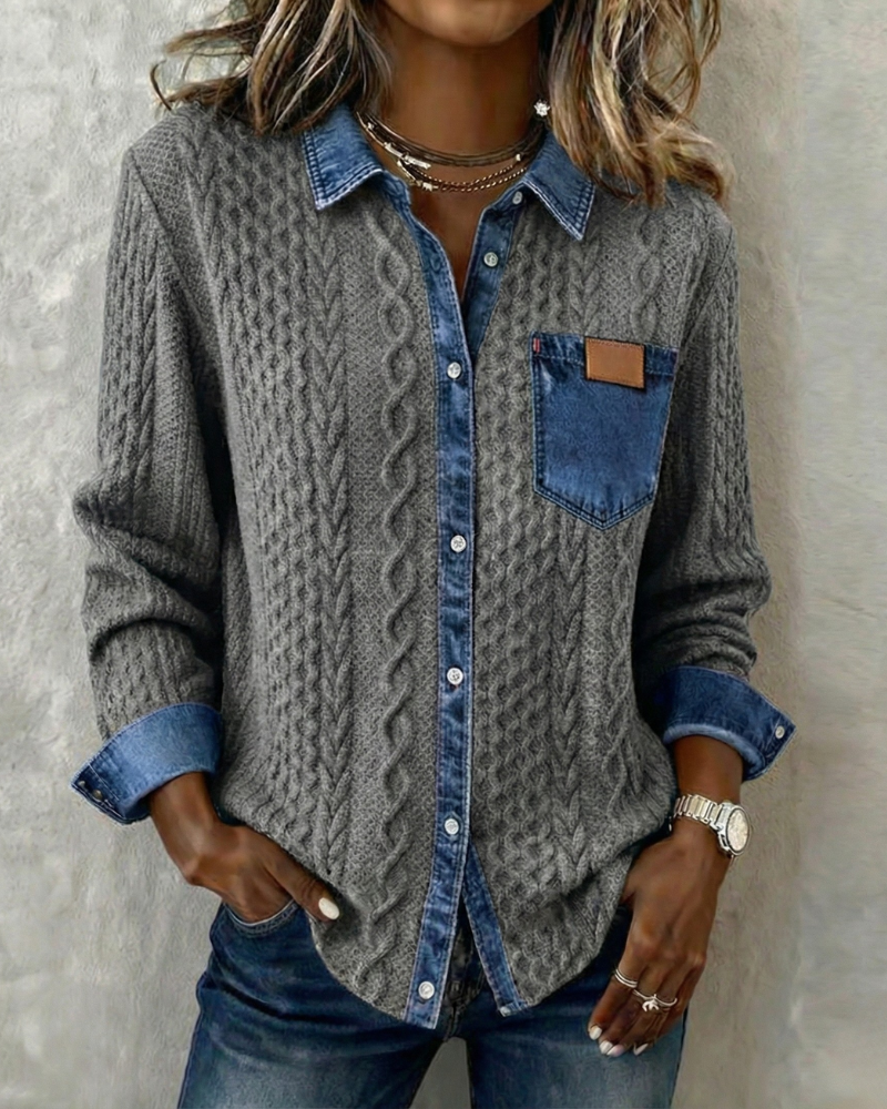 Women's Knit Jumper with Denim Look Collar - image 5
