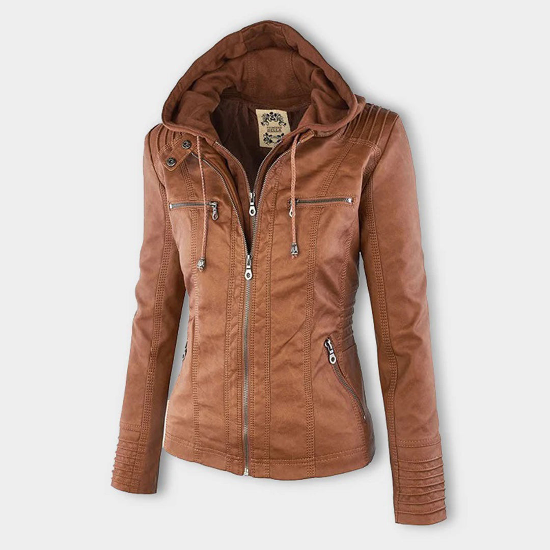 Women's Leather Look Hooded Jacket - khaki
