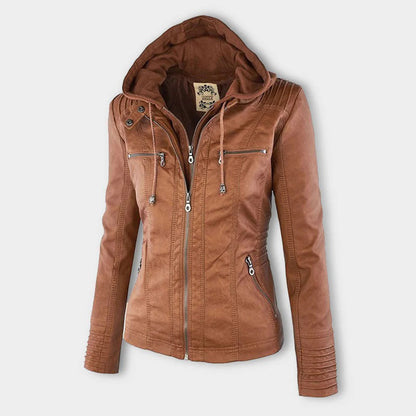 Women's Leather Look Hooded Jacket - khaki