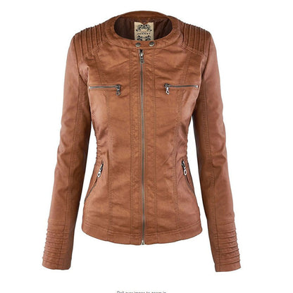 Women's Leather Look Hooded Jacket - khaki side