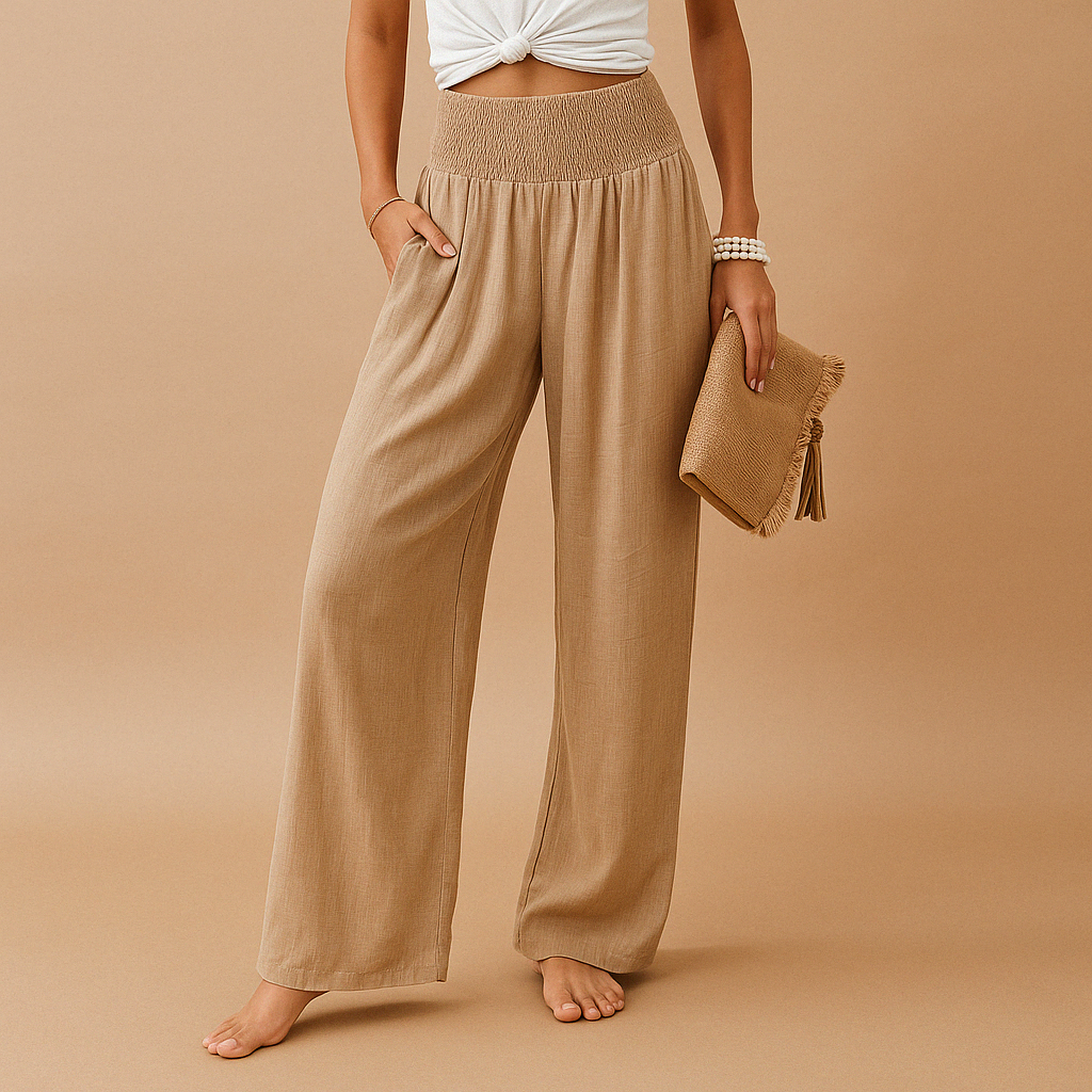 Women's High Waist Linen Look Trousers with Elastic Waist - image 1