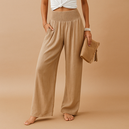Women's High Waist Linen Look Trousers with Elastic Waist - image 1