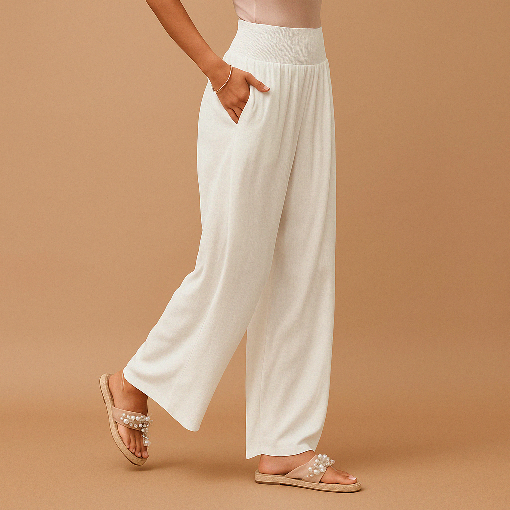 Women's High Waist Linen Look Trousers with Elastic Waist - image 2