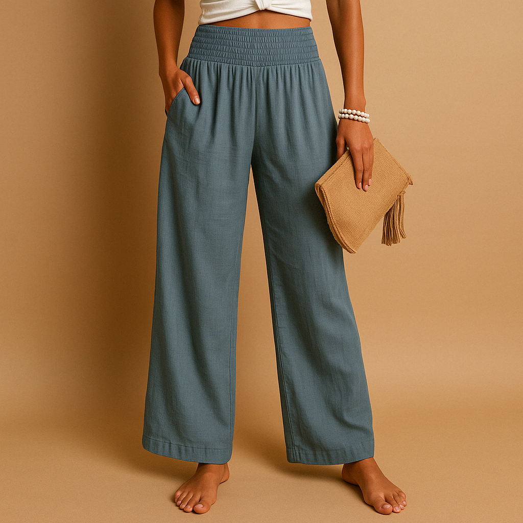 Women's High Waist Linen Look Trousers with Elastic Waist - image 3