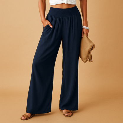 Women's High Waist Linen Look Trousers with Elastic Waist - image 4