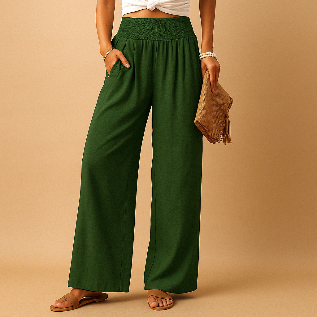 Women's High Waist Linen Look Trousers with Elastic Waist - image 6