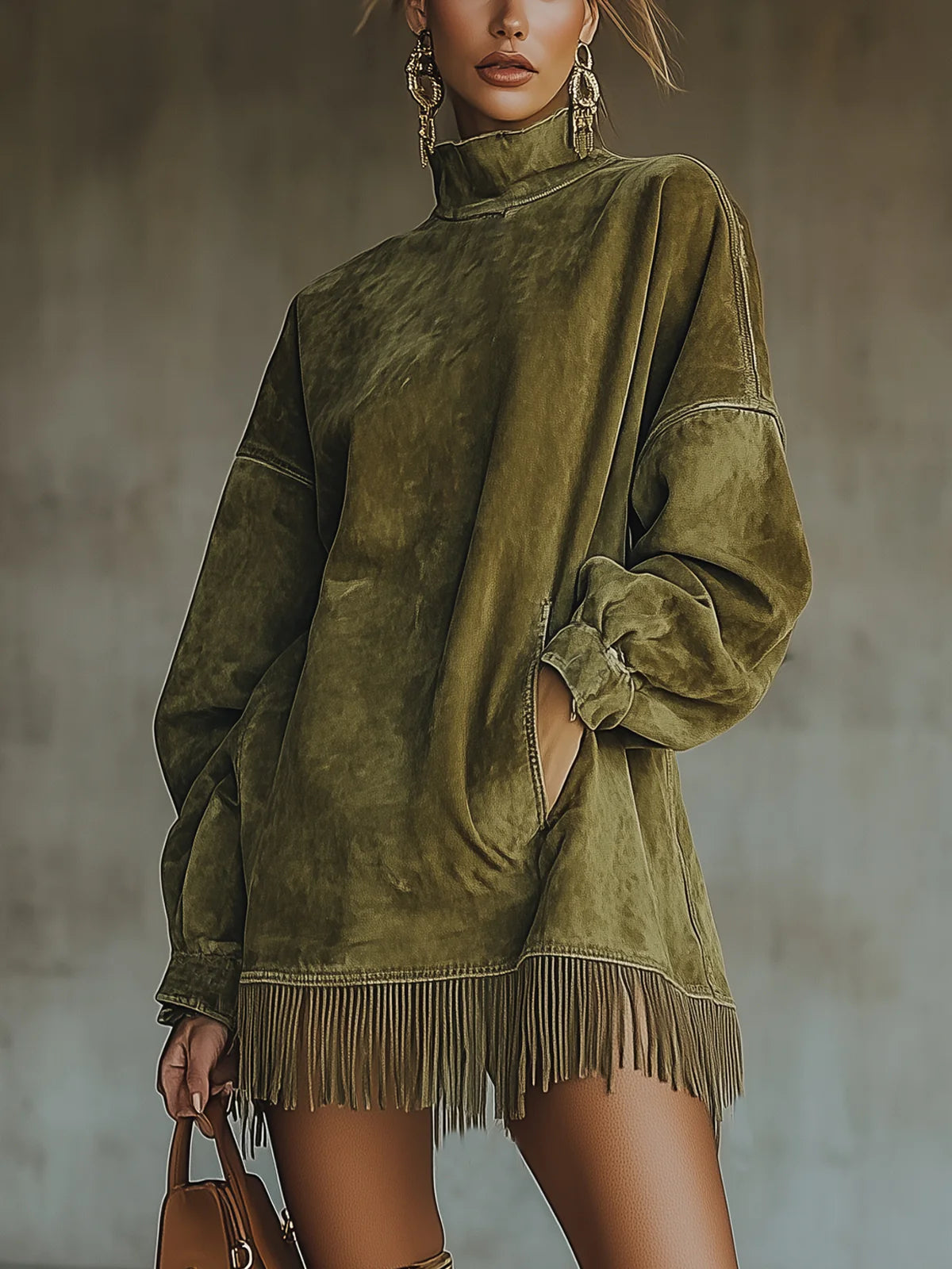 Women's Suede Look Turtleneck Mini Dress with Fringe Hem - image 1
