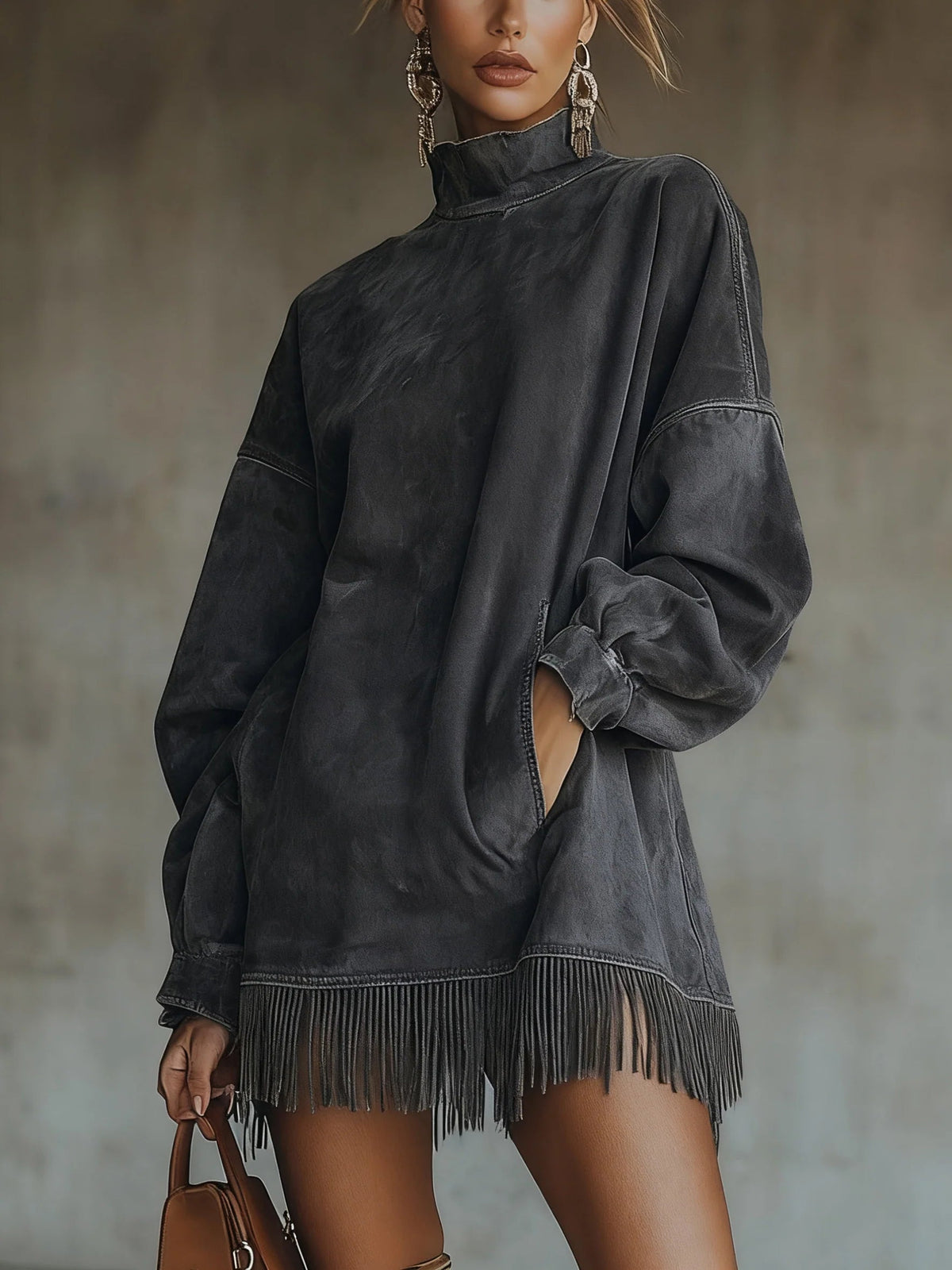 Gabrielle | Suede Dress with High Collar and Fringes