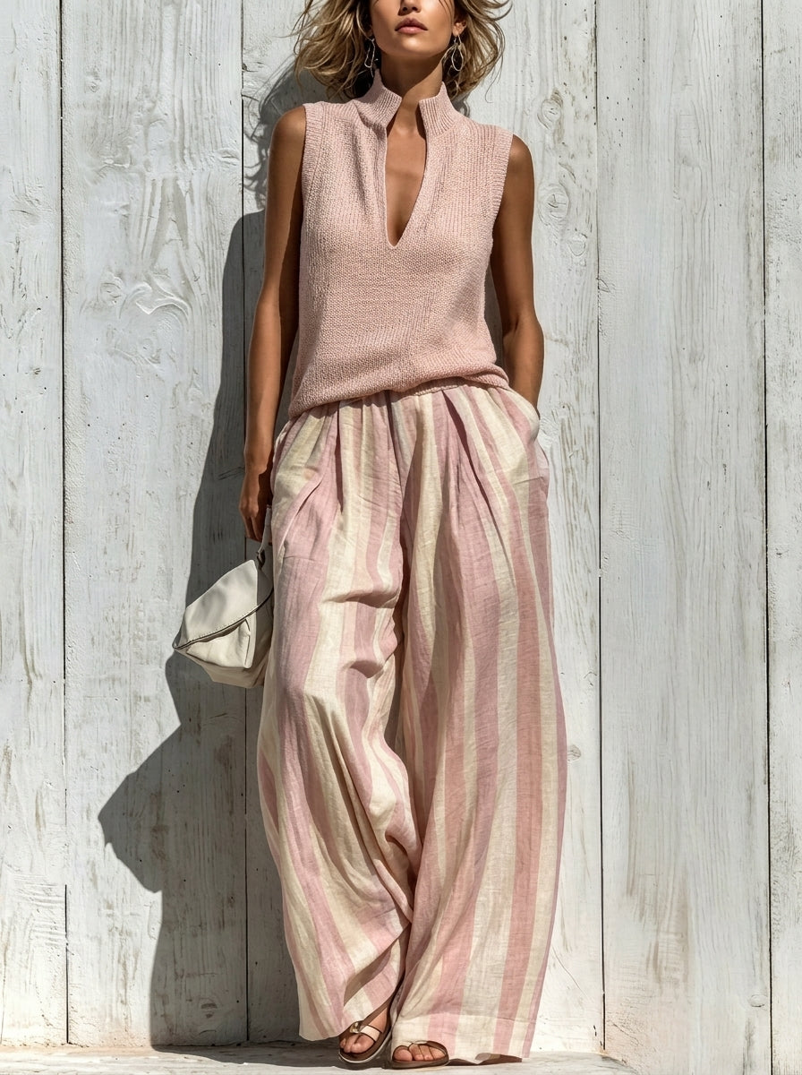 Paola | Sleeveless Top and Wide Striped Trousers Set
