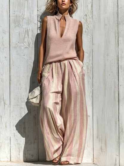 Paola | Sleeveless Top and Wide Striped Trousers Set