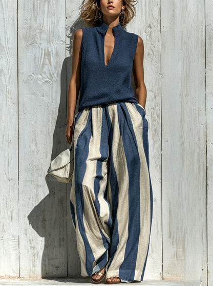 Paola | Sleeveless Top and Wide Striped Trousers Set