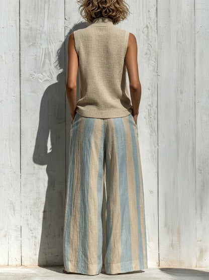 Paola | Sleeveless Top and Wide Striped Trousers Set