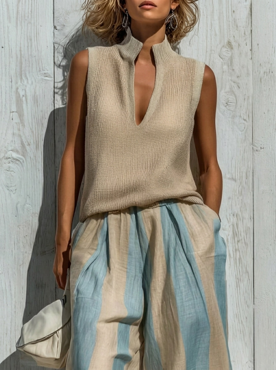 Paola | Sleeveless Top and Wide Striped Trousers Set