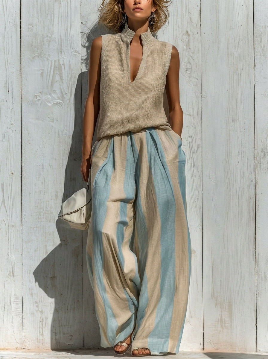 Paola | Sleeveless Top and Wide Striped Trousers Set