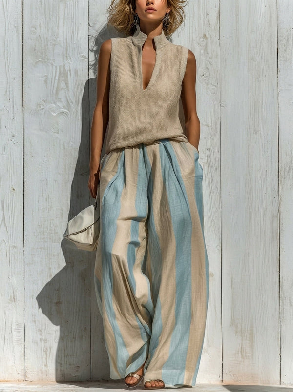 Paola | Sleeveless Top and Wide Striped Trousers Set