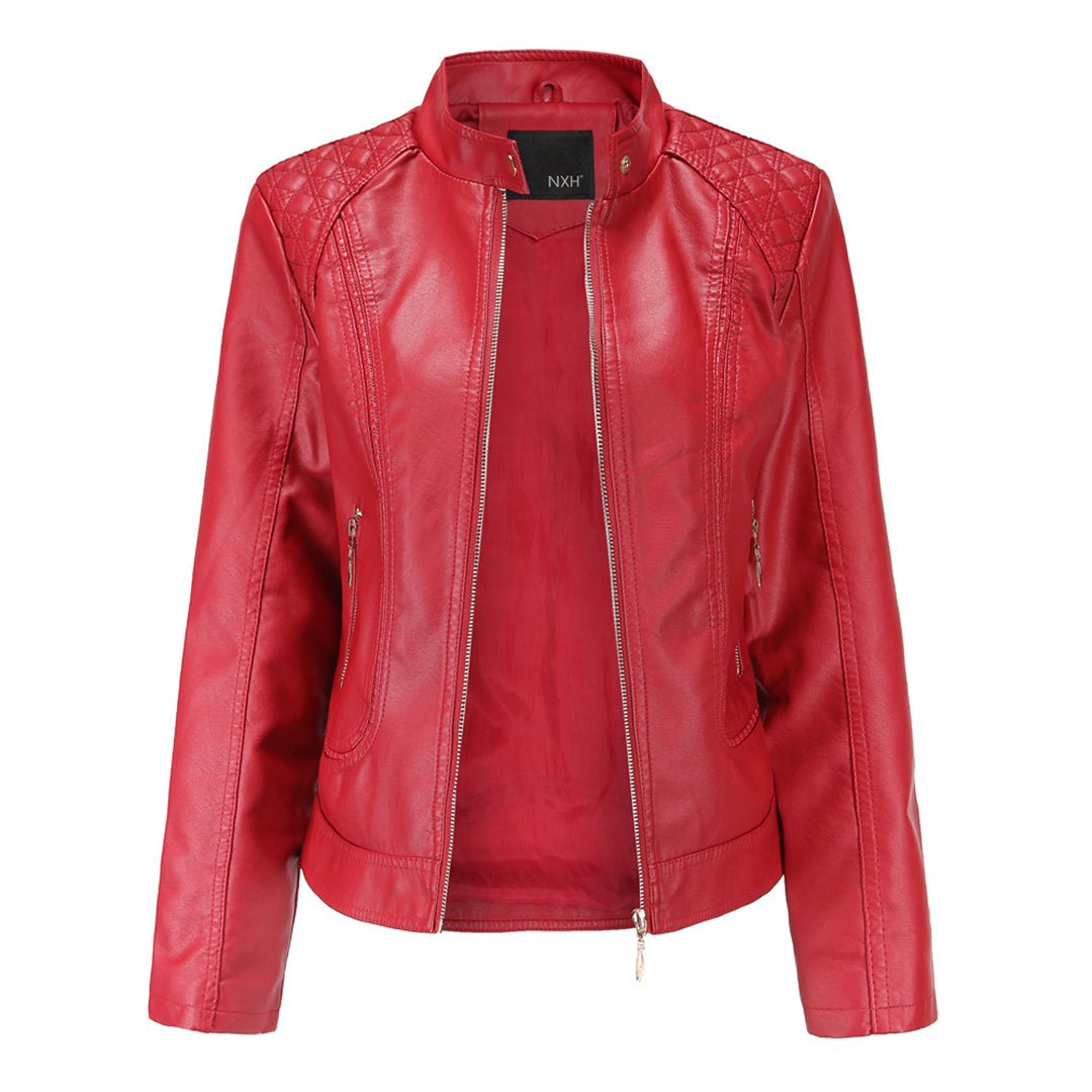 Women's Leather Look Zip Jacket with Buttoned Stand Collar and Zipped Pockets - image 4