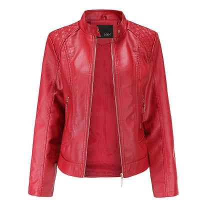 Women's Leather Look Zip Jacket with Buttoned Stand Collar and Zipped Pockets - image 4