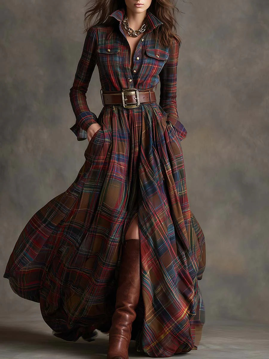 Béatrice | Long Checkered Dress with Belt