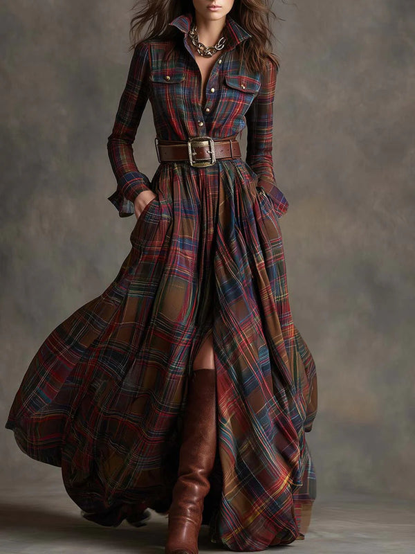 Béatrice | Long Checkered Dress with Belt
